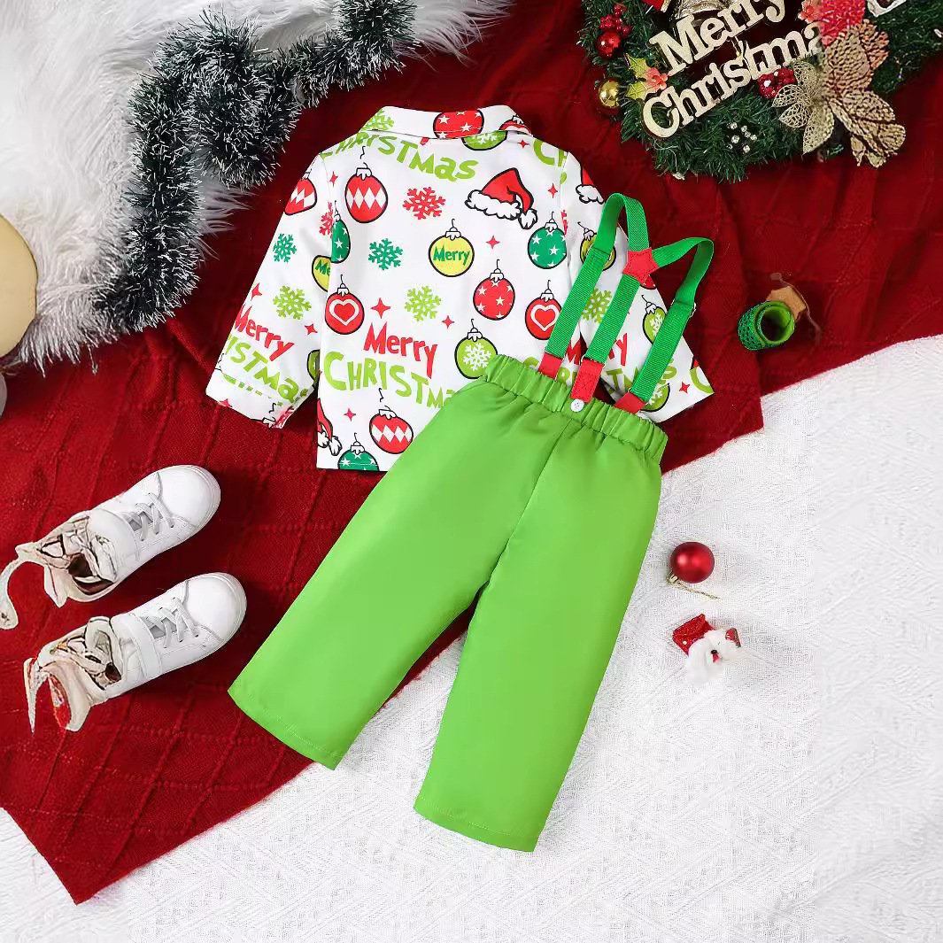 Christmas wear children's clothing toddler boys gentleman bow tie long sleeve shirt top suspenders festival baby clothes set