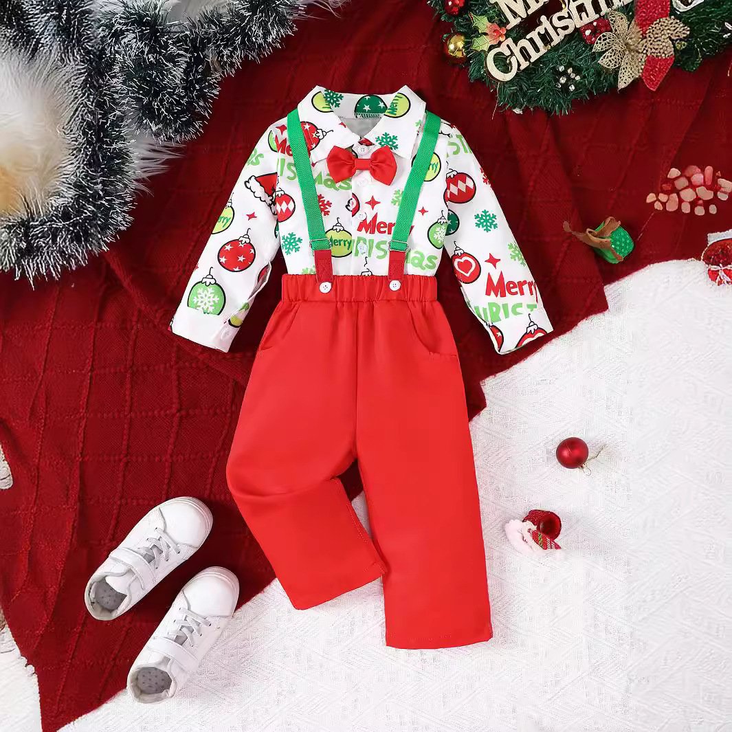 Christmas wear children's clothing toddler boys gentleman bow tie long sleeve shirt top suspenders festival baby clothes set