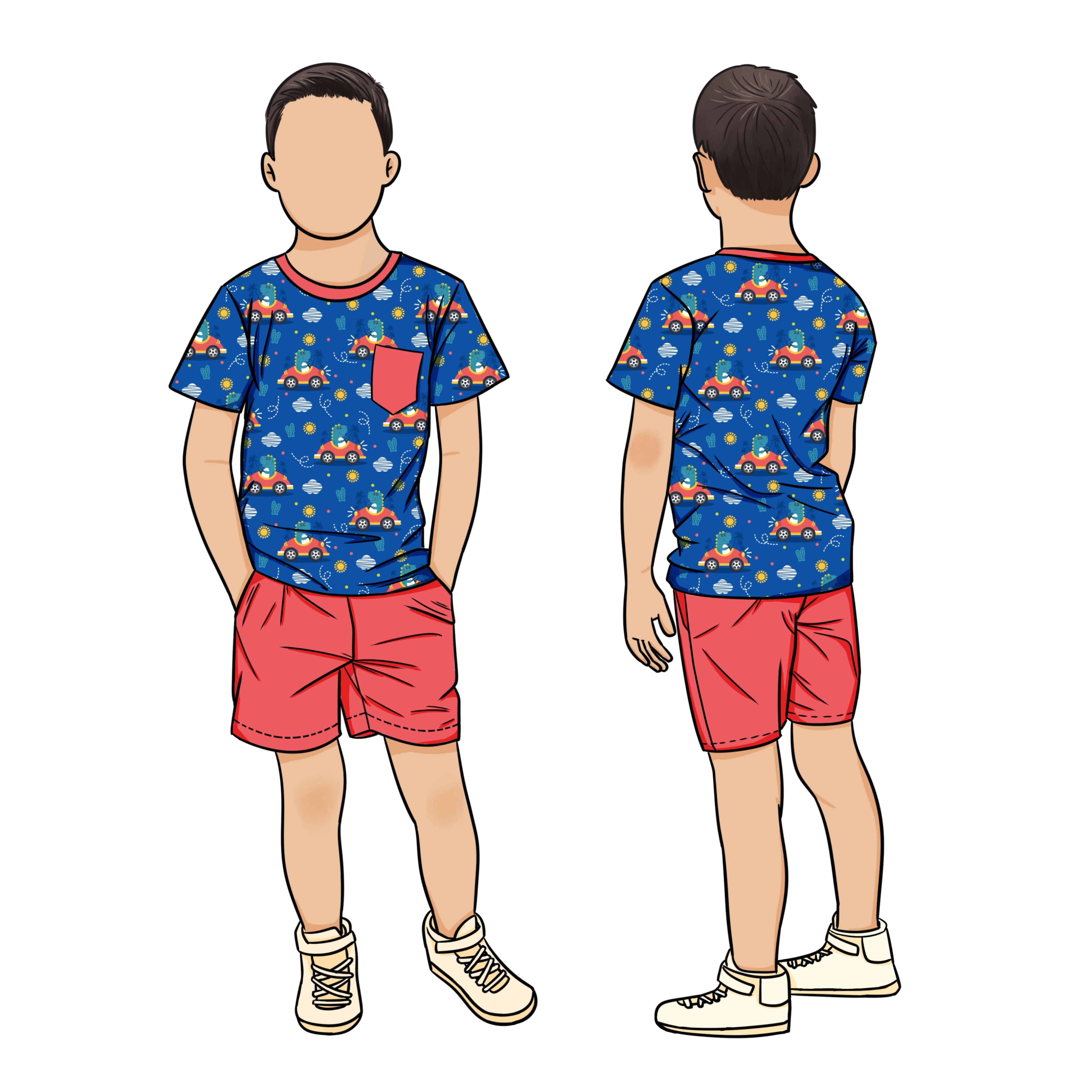 Hot Selling High Quality 2pcs Printed Sports Clothing Boy Front Pocket Solid Shorts Set For Kids