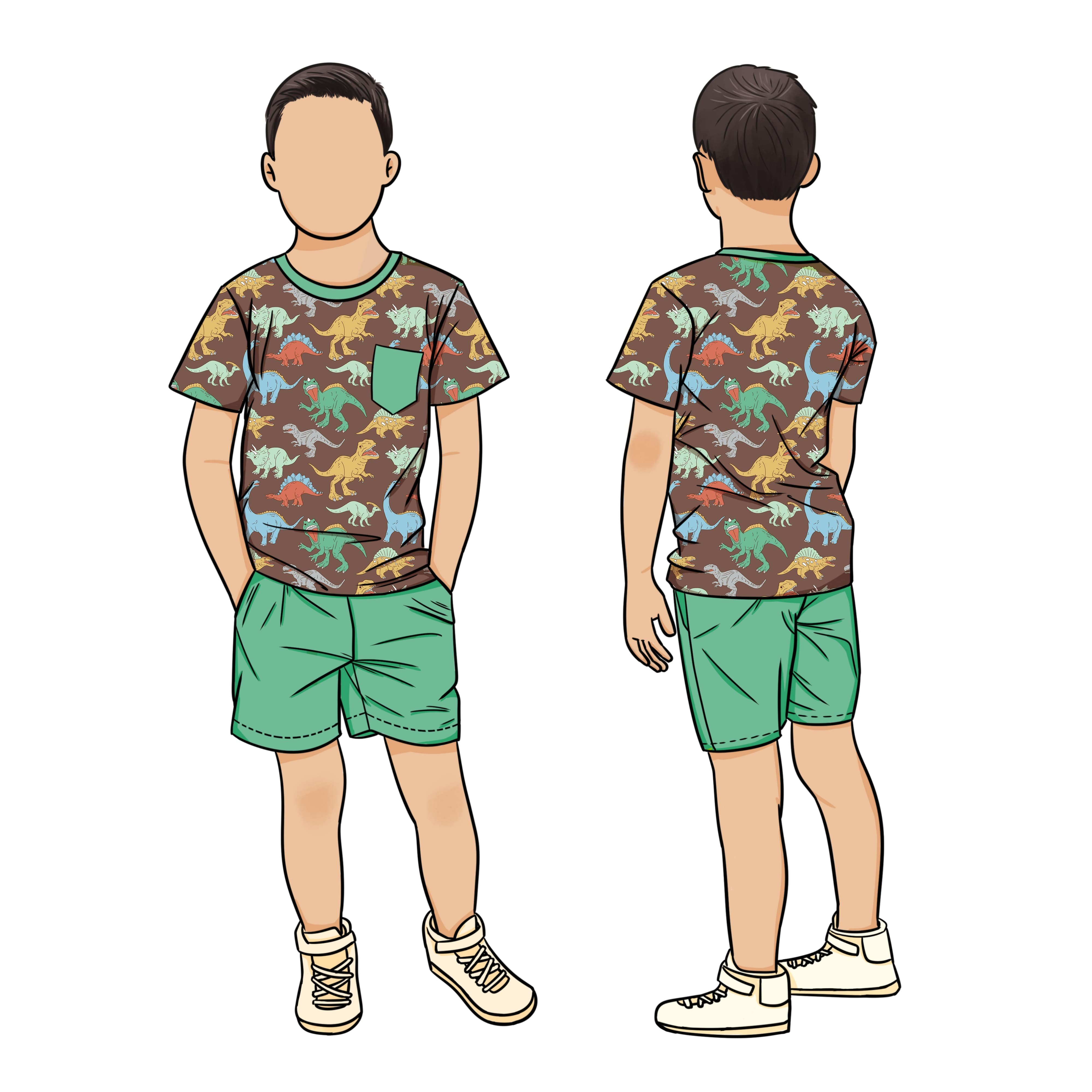 Hot Selling High Quality 2pcs Printed Sports Clothing Boy Front Pocket Solid Shorts Set For Kids