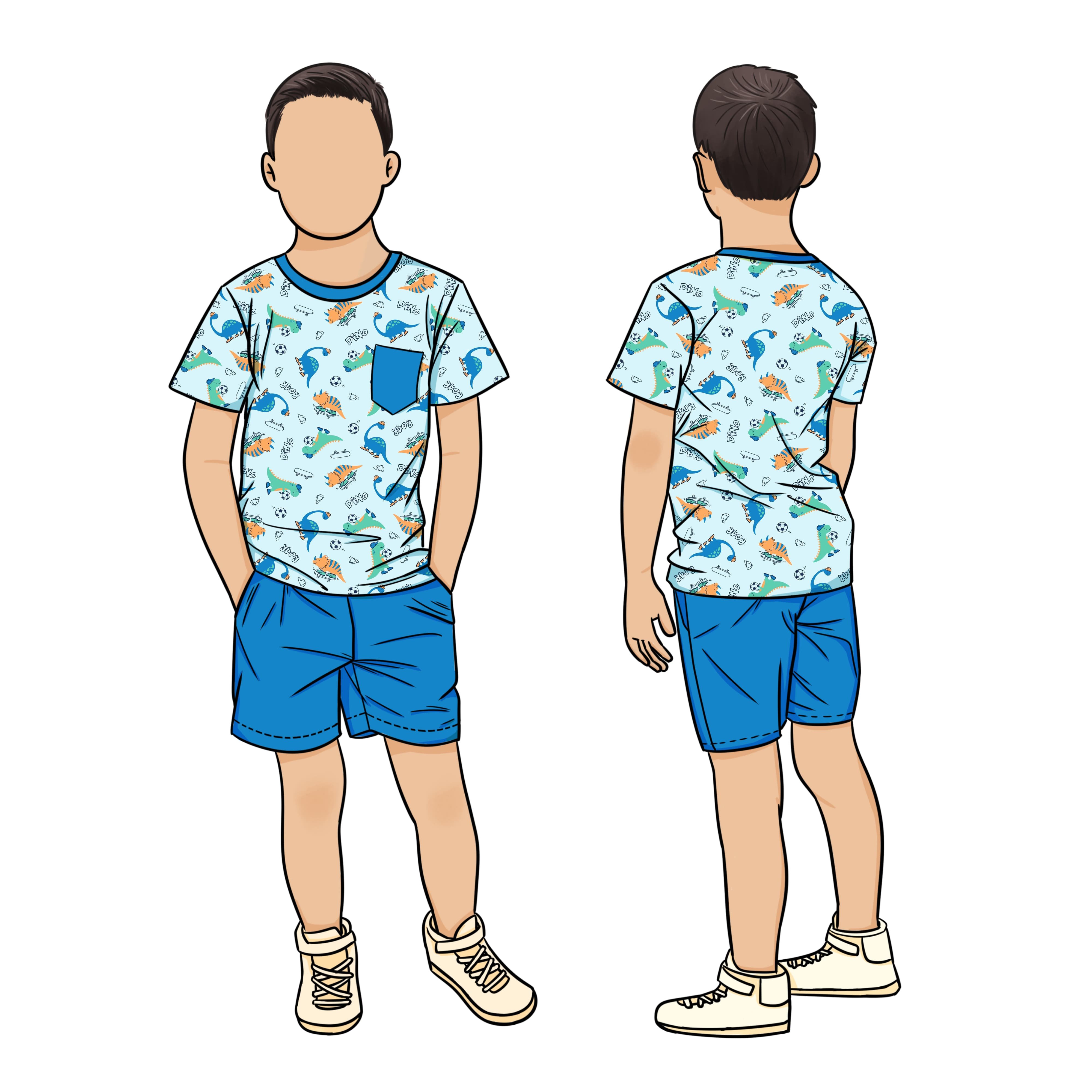 Hot Selling High Quality 2pcs Printed Sports Clothing Boy Front Pocket Solid Shorts Set For Kids