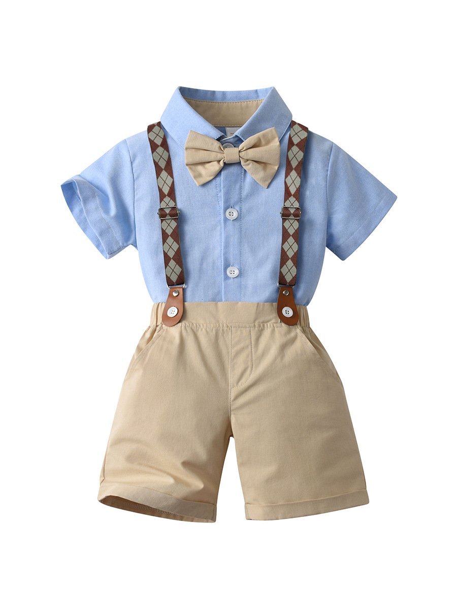2024 Summer Baby Boys Party Dress Suit Cotton Short Sleeve Shirt+Suspender Shorts Outfits Kids Boys Gentleman Clothing Set