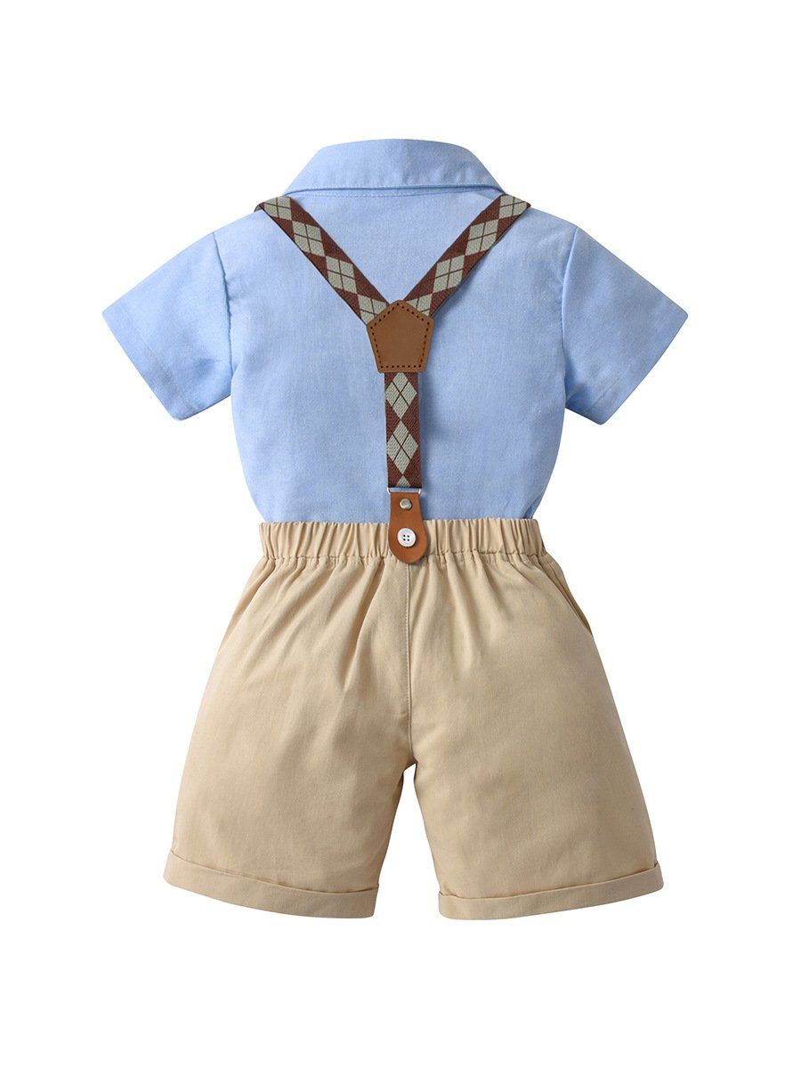 2024 Summer Baby Boys Party Dress Suit Cotton Short Sleeve Shirt+Suspender Shorts Outfits Kids Boys Gentleman Clothing Set