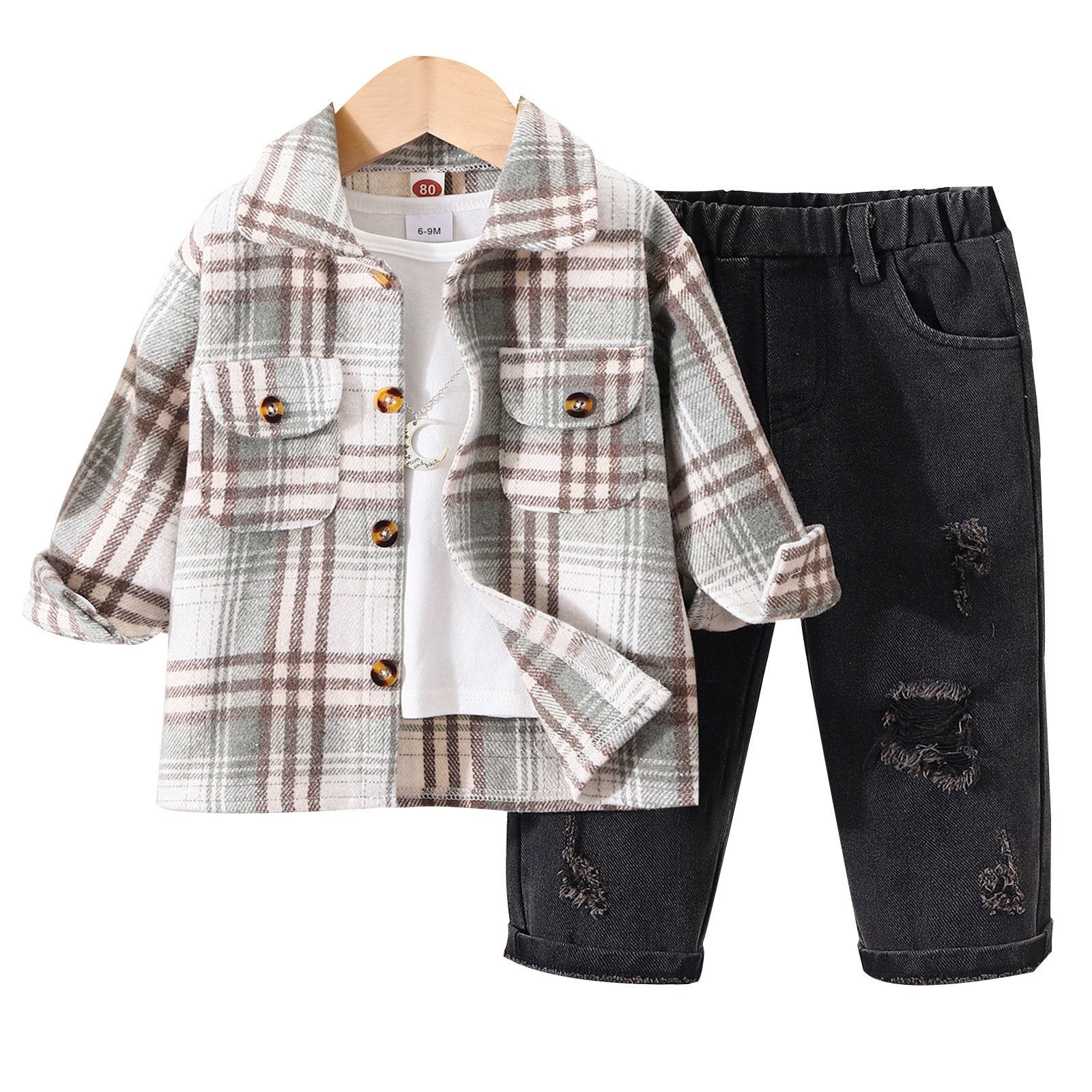European and American autumn new boy suit plaid shirt jacket ripped jeans suit