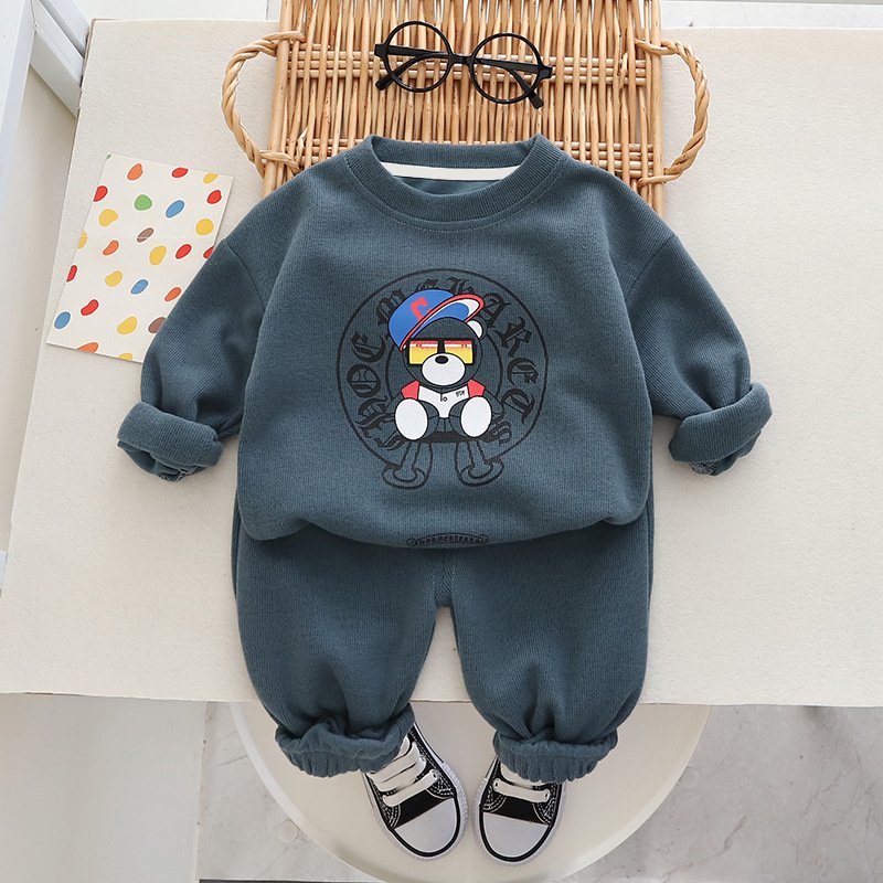 Inexpensive cotton fashion cool bear hoodless long sleeve hoodie and pants two autumn children's clothing sets