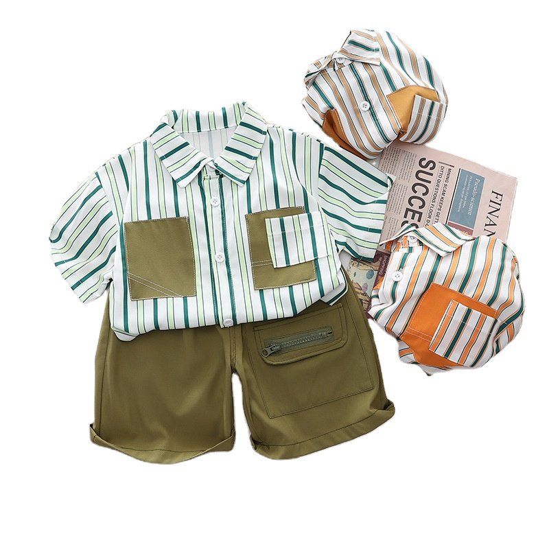 Boys summer clothing trendy children's suit 2024 new style baby boy straight shirt short-sleeved two-piece set young clothes