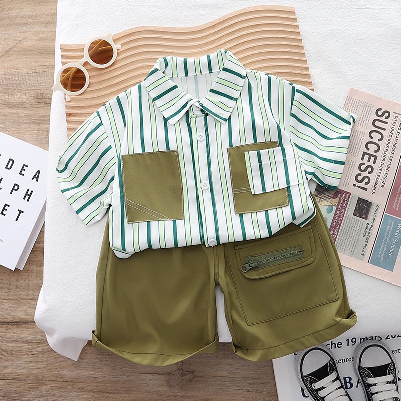 Boys summer clothing trendy children's suit 2024 new style baby boy straight shirt short-sleeved two-piece set young clothes