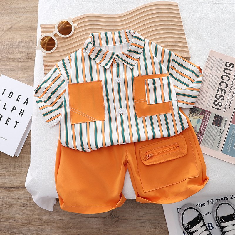 Boys summer clothing trendy children's suit 2024 new style baby boy straight shirt short-sleeved two-piece set young clothes