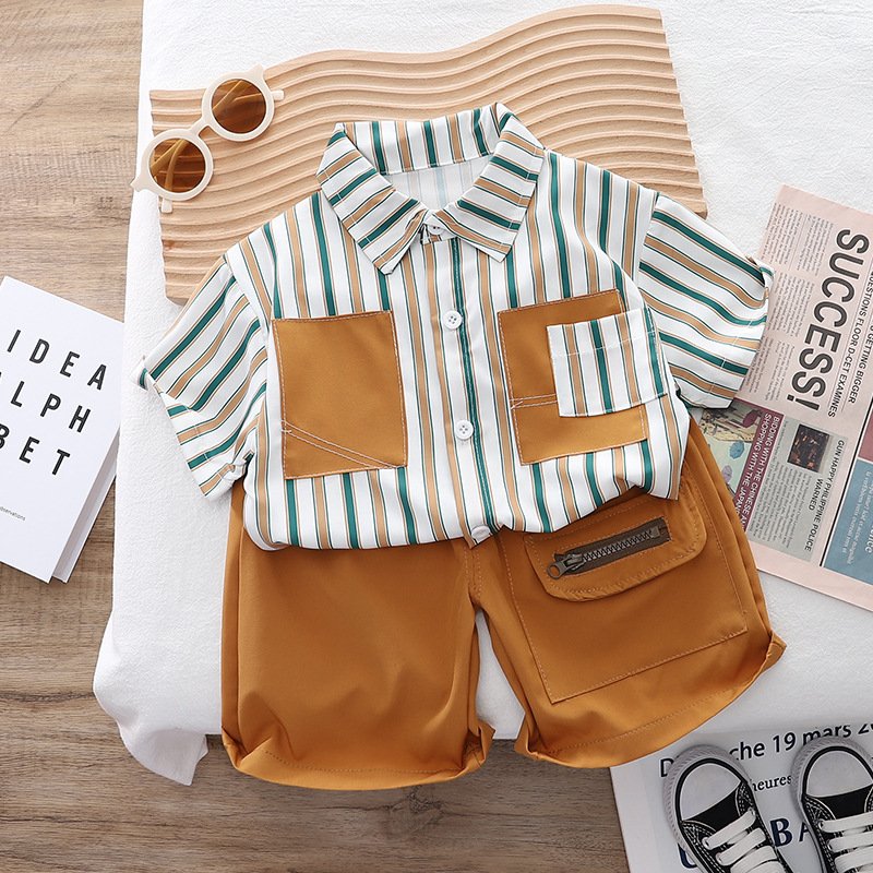 Boys summer clothing trendy children's suit 2024 new style baby boy straight shirt short-sleeved two-piece set young clothes