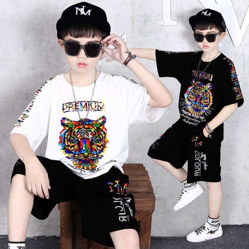 Children's clothing children's short-sleeved suit casual tiger head big boy two-piece suit 2022 new summer children's gift sets