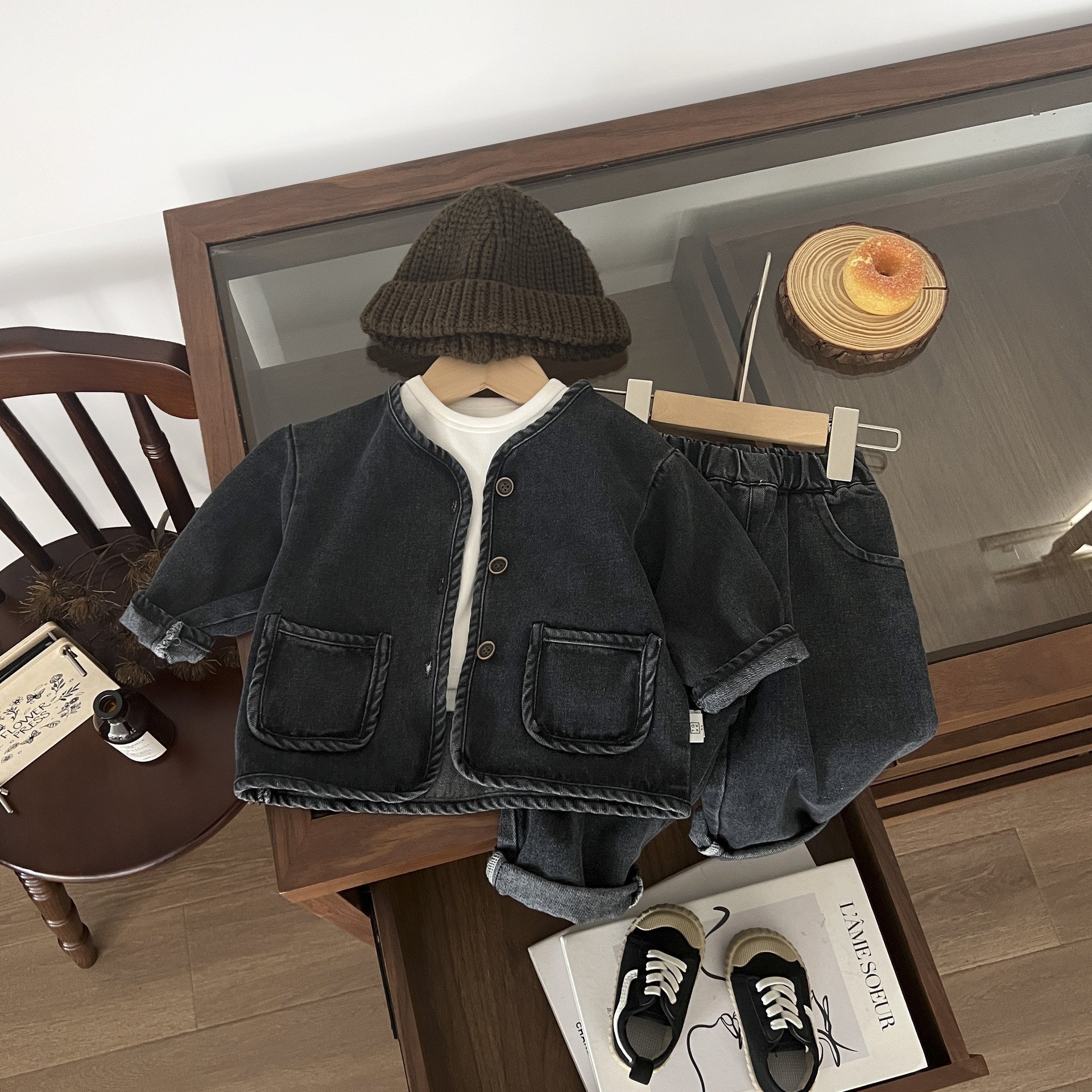 baby set clothes denim Spring Autumn boy wash solid color two piece denim pants set long sleeved toddler boys clothing sets