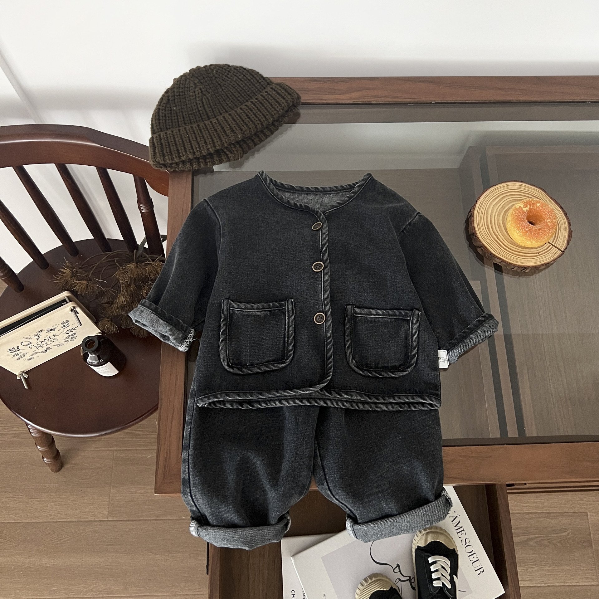 baby set clothes denim Spring Autumn boy wash solid color two piece denim pants set long sleeved toddler boys clothing sets