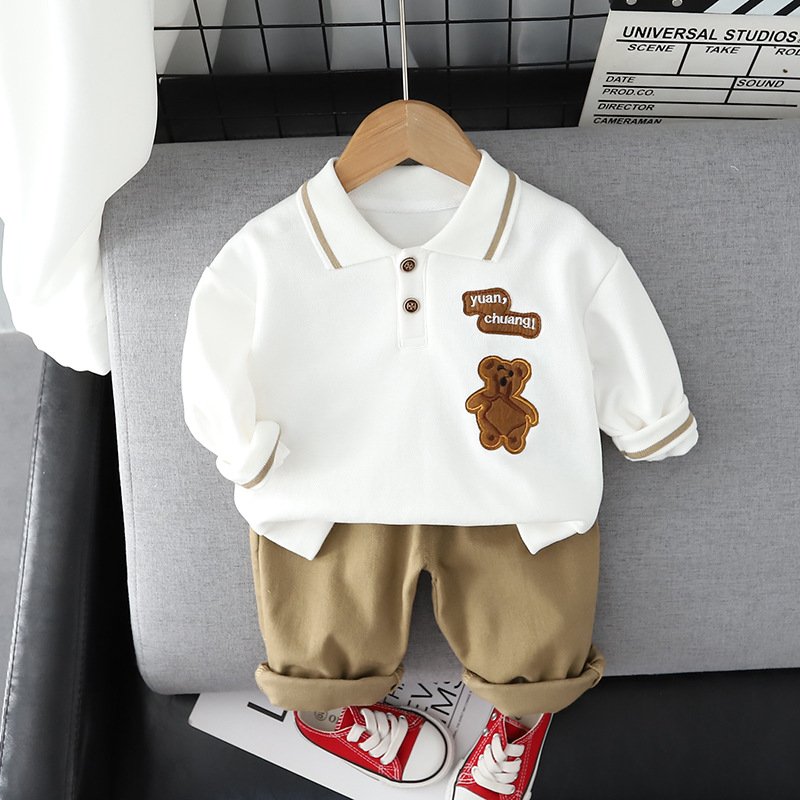 2024 Children's cartoon Bear short-sleeved solid color Polo shirt and casual shorts two children's clothing set