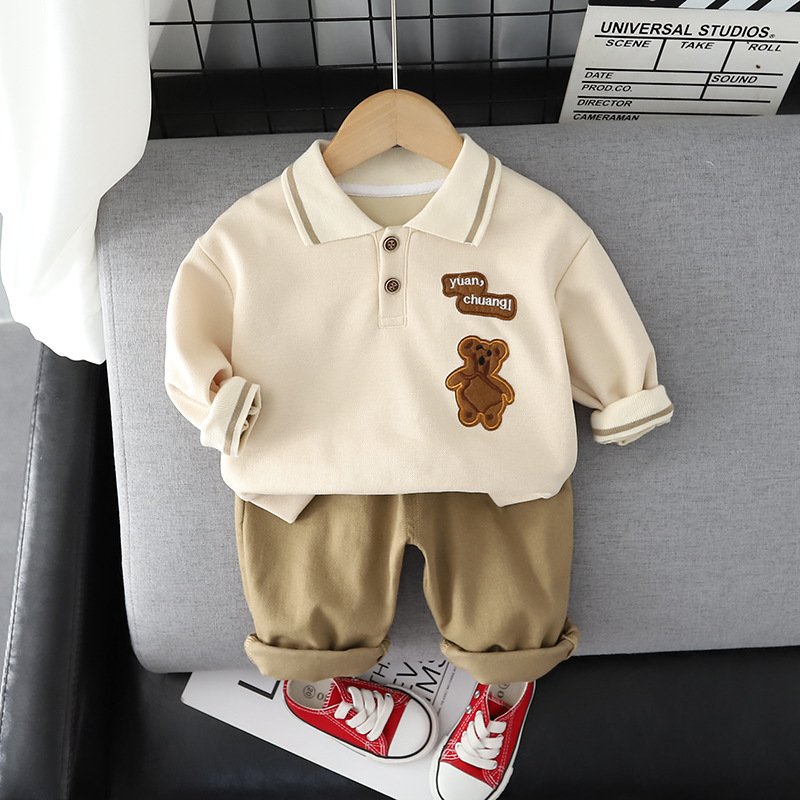 2024 Children's cartoon Bear short-sleeved solid color Polo shirt and casual shorts two children's clothing set
