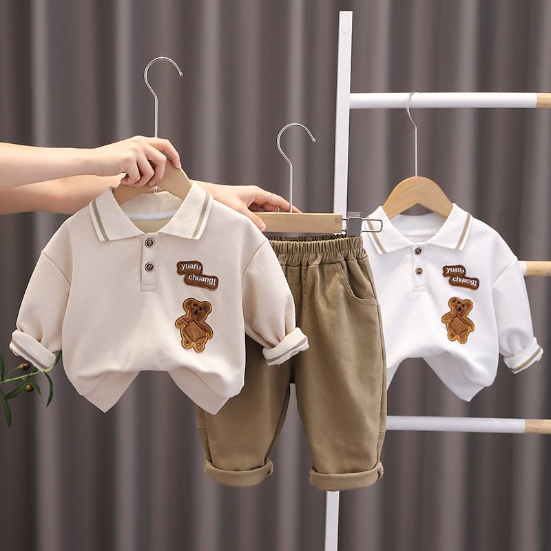 2024 Children's cartoon Bear short-sleeved solid color Polo shirt and casual shorts two children's clothing set
