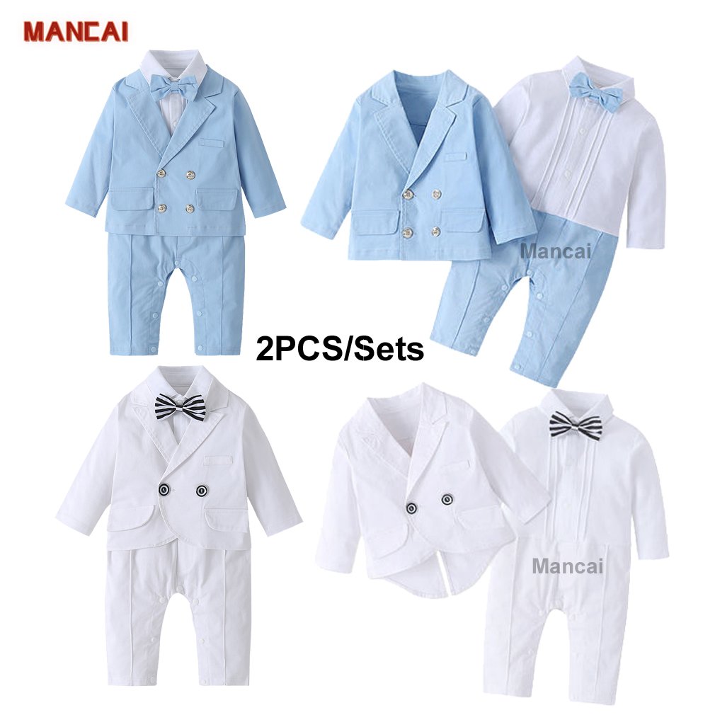 2 PCS Baby Clothes Handsome Christening 1st Birthday Baptism Formal Jacket Suit Bow Tie Set Boy Gentleman Romper Clothing Set