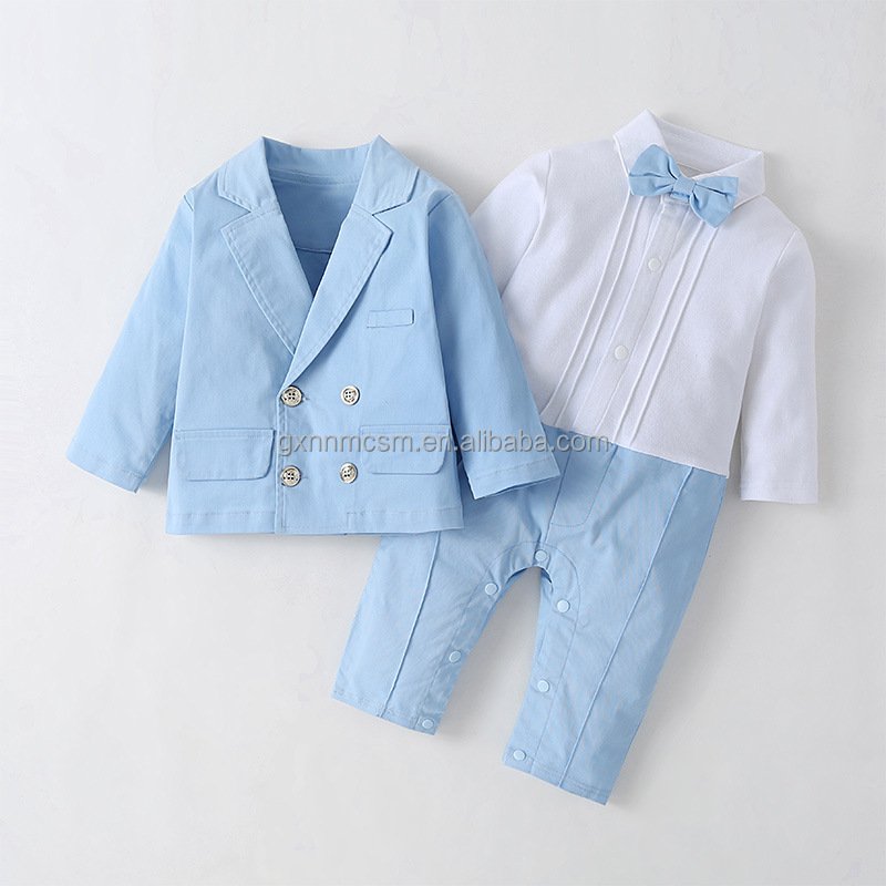 2 PCS Baby Clothes Handsome Christening 1st Birthday Baptism Formal Jacket Suit Bow Tie Set Boy Gentleman Romper Clothing Set