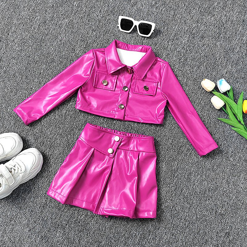 2024 Wholesale New Fashion Girls Clothing Sets Autumn 2 pcs Baby Kids Clothes Set Solid pu Leather Jacket Coat Skirt Outfit Sets