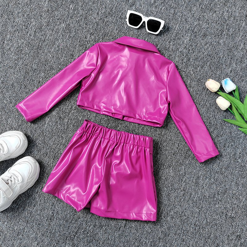 2024 Wholesale New Fashion Girls Clothing Sets Autumn 2 pcs Baby Kids Clothes Set Solid pu Leather Jacket Coat Skirt Outfit Sets