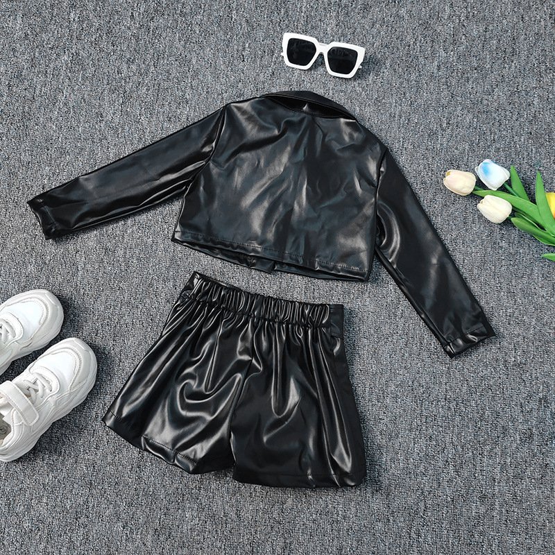 2024 Wholesale New Fashion Girls Clothing Sets Autumn 2 pcs Baby Kids Clothes Set Solid pu Leather Jacket Coat Skirt Outfit Sets