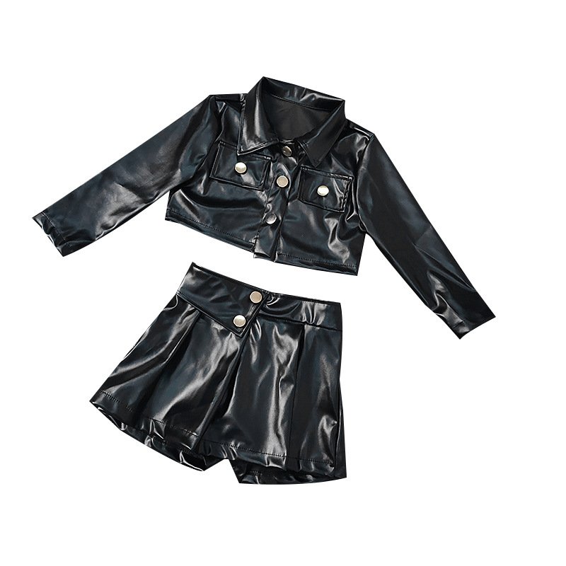2024 Wholesale New Fashion Girls Clothing Sets Autumn 2 pcs Baby Kids Clothes Set Solid pu Leather Jacket Coat Skirt Outfit Sets