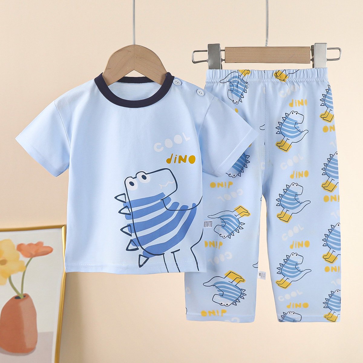 Children's summer air conditioning clothing short sleeve trousers combination medium and large children cotton underwear set