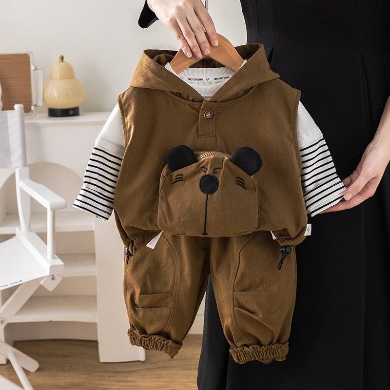 2024 New Autumn Boys' High Quality Cotton Casual Suit Long Sleeve Shorts Cartoon Print Pattern Minimum Order 3 Pcs Toddlers Kids