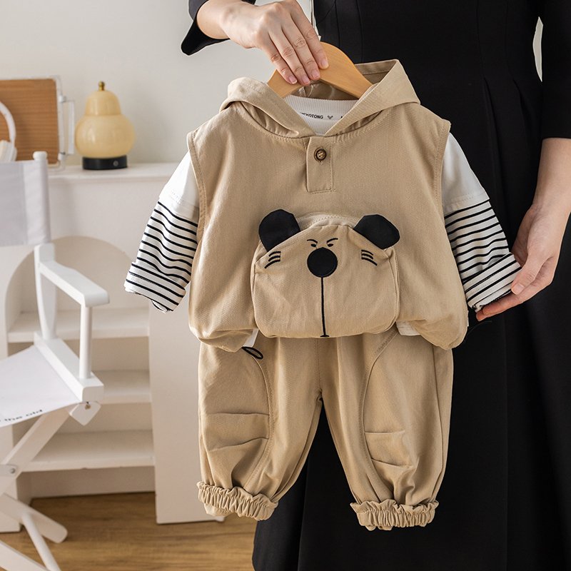 2024 New Autumn Boys' High Quality Cotton Casual Suit Long Sleeve Shorts Cartoon Print Pattern Minimum Order 3 Pcs Toddlers Kids