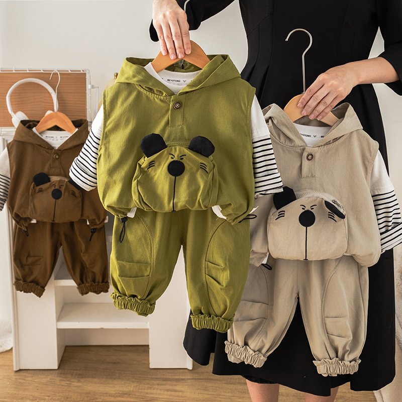 2024 New Autumn Boys' High Quality Cotton Casual Suit Long Sleeve Shorts Cartoon Print Pattern Minimum Order 3 Pcs Toddlers Kids