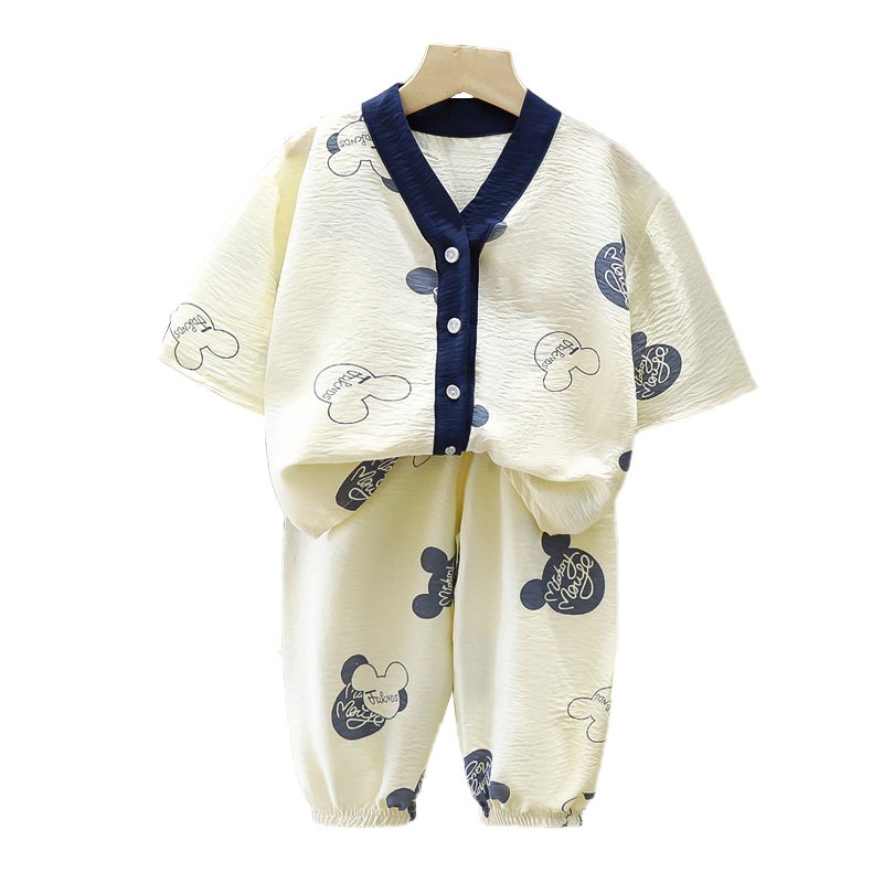 Cool soft pajamps kids print cartoon suit summer home wear long sleeves sweat- absorbing set cardigan four colors can choose
