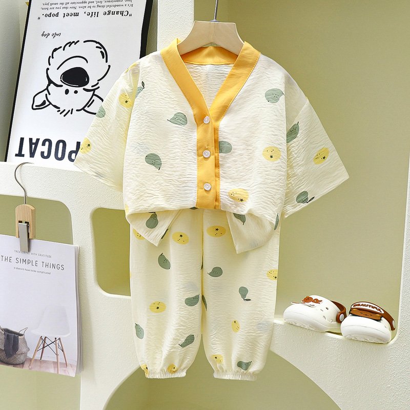 Cool soft pajamps kids print cartoon suit summer home wear long sleeves sweat- absorbing set cardigan four colors can choose
