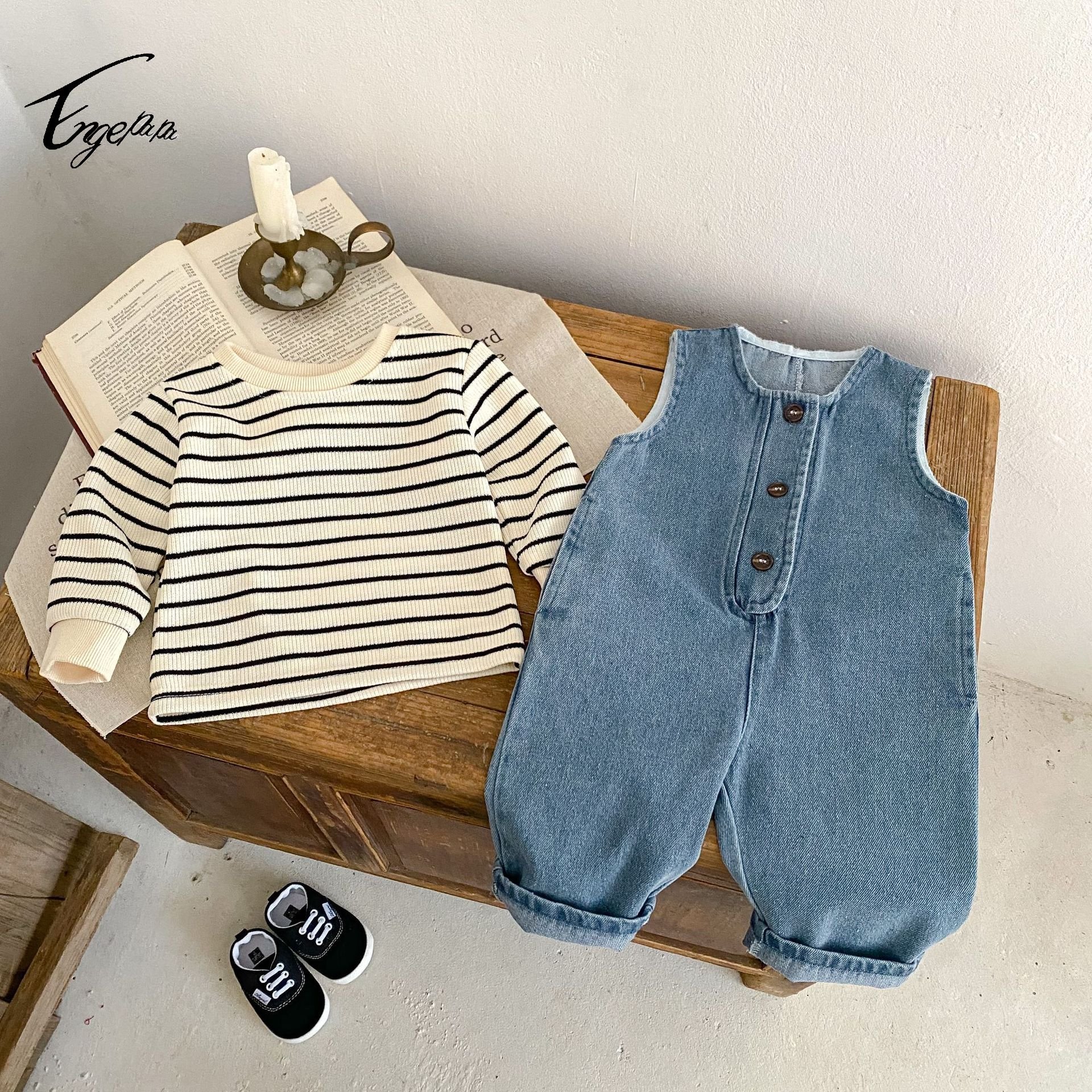 Engepapa Spring Kids Striped Top infant Casual Denim Vest Romper baby Boys Clothing Set