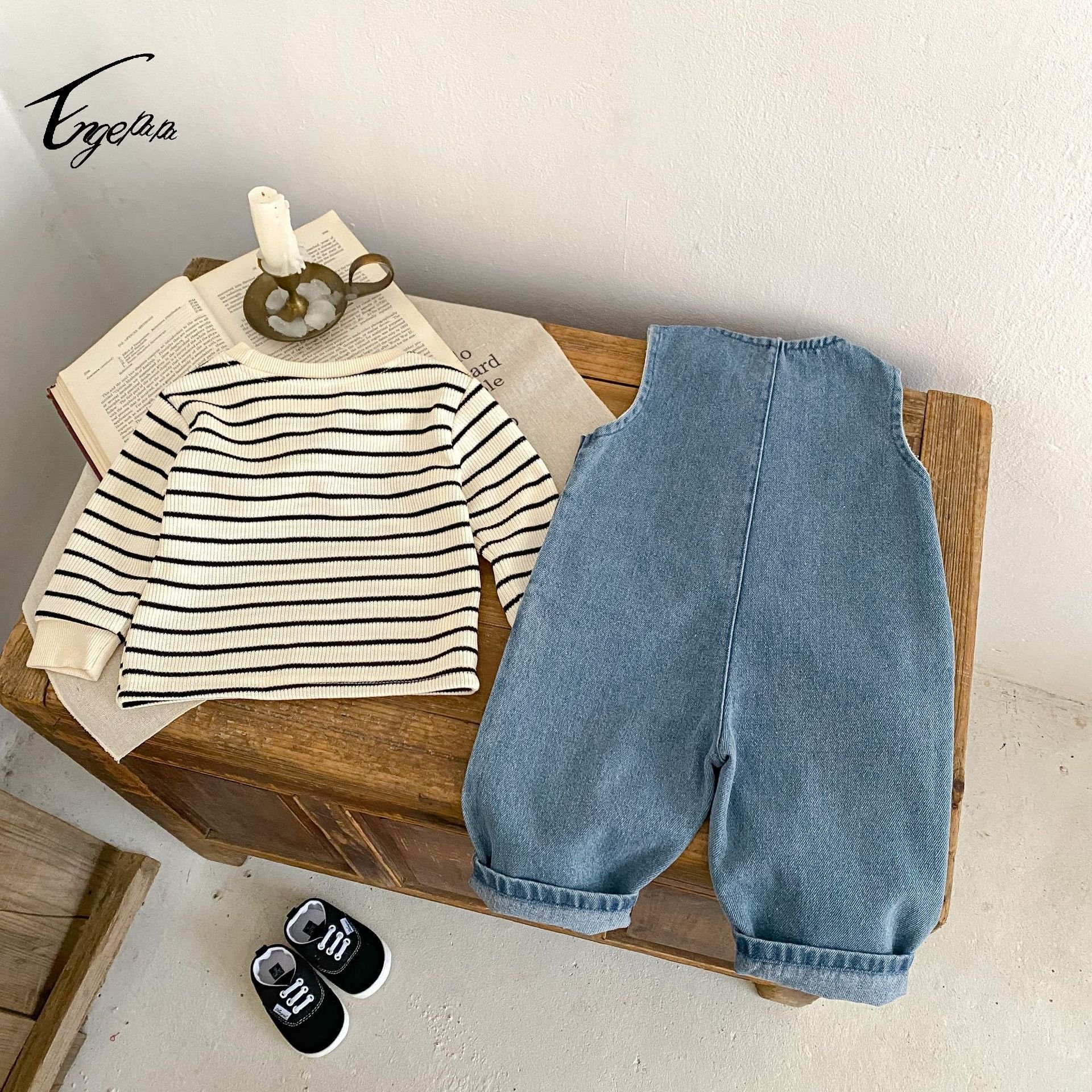 Engepapa Spring Kids Striped Top infant Casual Denim Vest Romper baby Boys Clothing Set