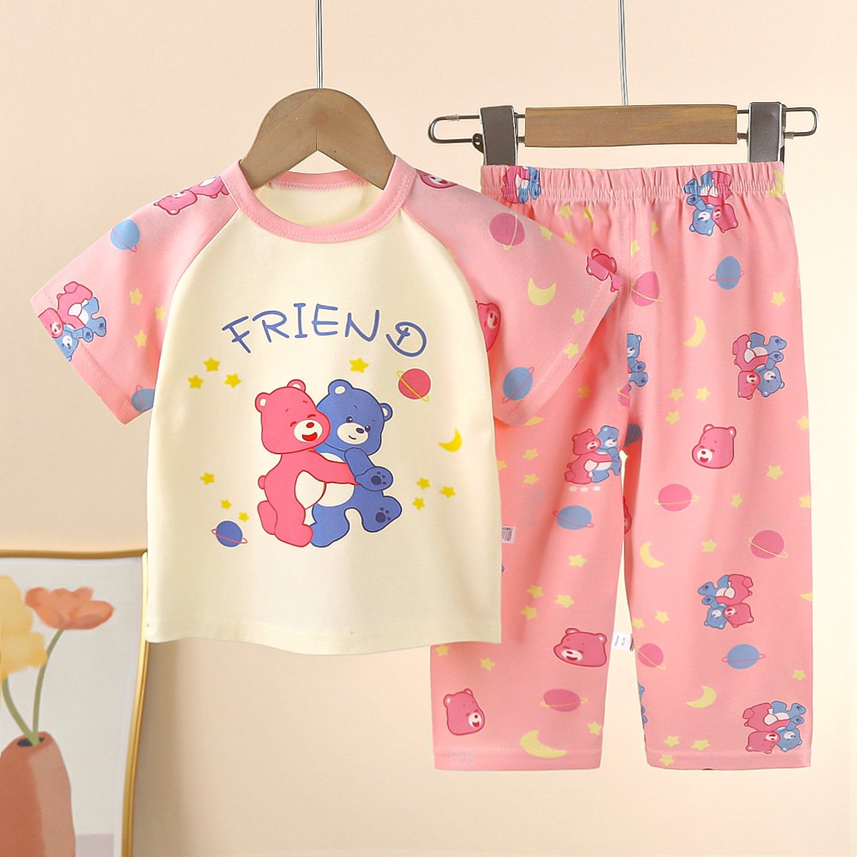 Summer new children's short sleeve pants set baby cotton-padded clothes wholesale children's wear