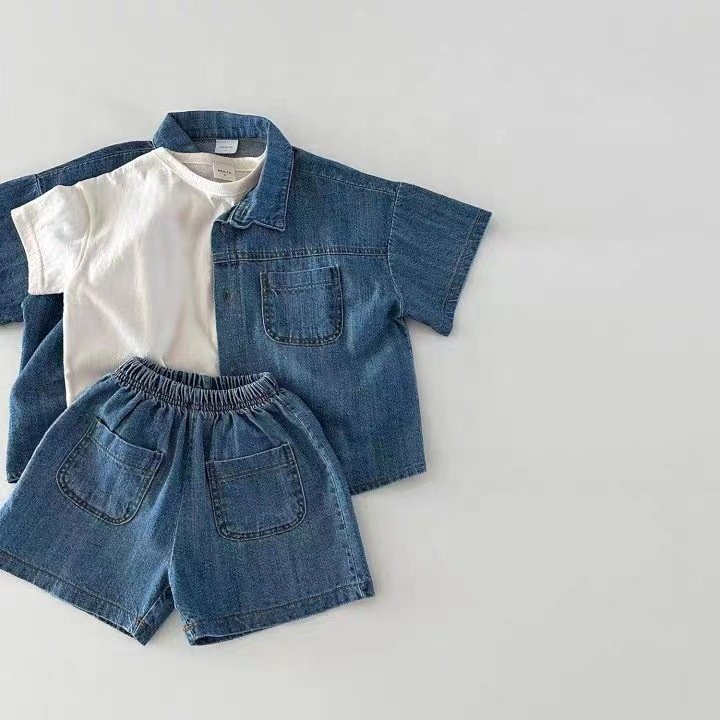 Fashion summer toddler baby Boy girl short sleeve retro denim vintage suit kids denim shirt + shorts 2pcs clothes set