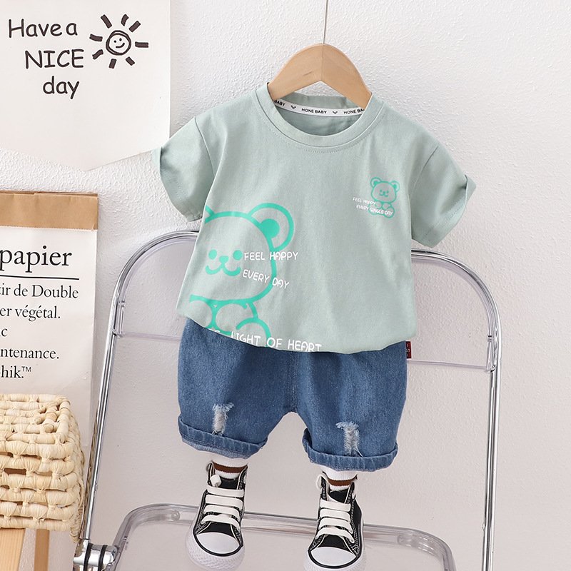 Kids Short Sleeve Summer Wear Boy Children T-shirt Denim Shorts Clothing Two Piece Jeans Clothes Sets Toddlers