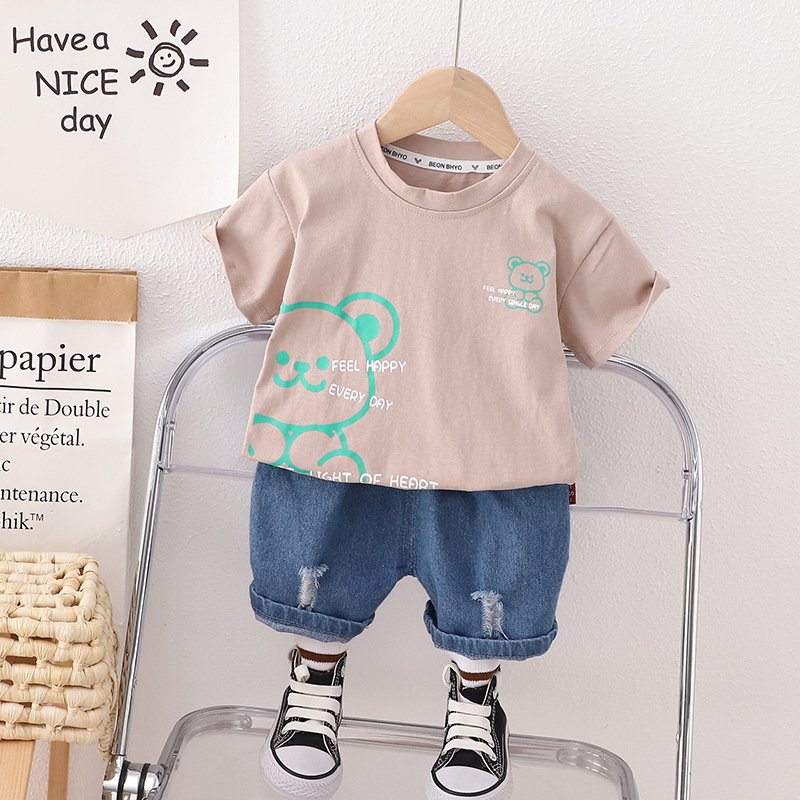 Kids Short Sleeve Summer Wear Boy Children T-shirt Denim Shorts Clothing Two Piece Jeans Clothes Sets Toddlers