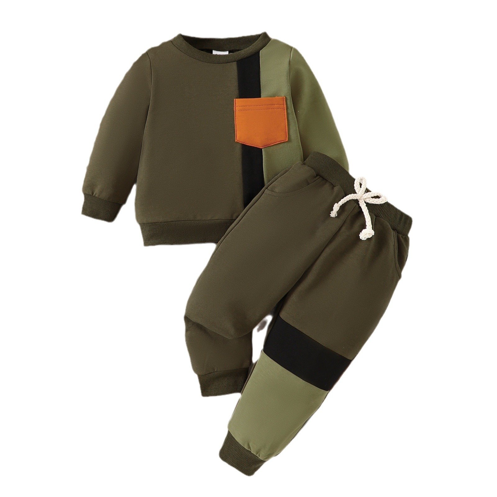 Casual Newborn Autumn Winter Long Sleeve Color Patchwork Pocket Sweatshirt Pants Baby Boys Clothing Set