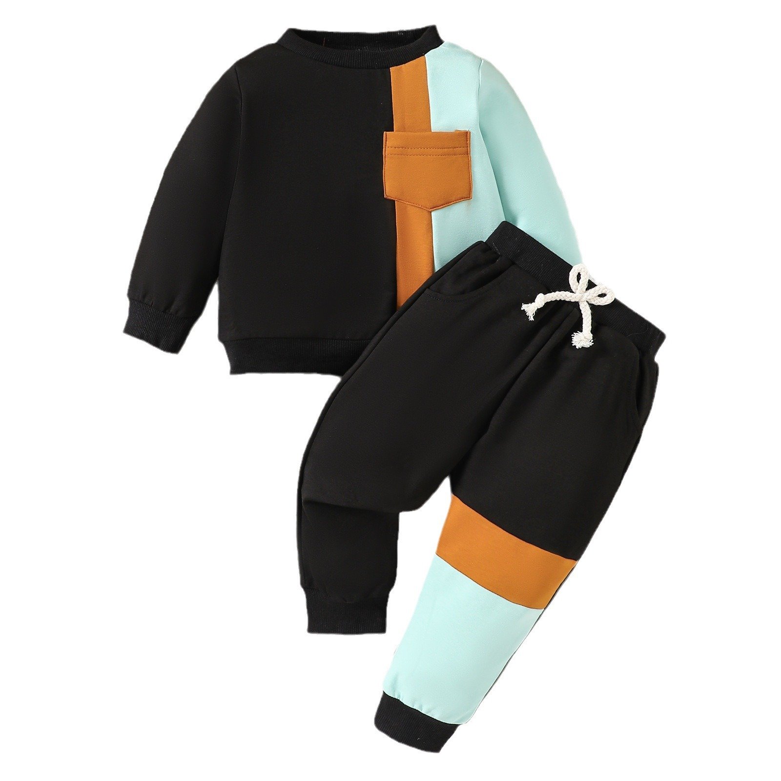 Casual Newborn Autumn Winter Long Sleeve Color Patchwork Pocket Sweatshirt Pants Baby Boys Clothing Set