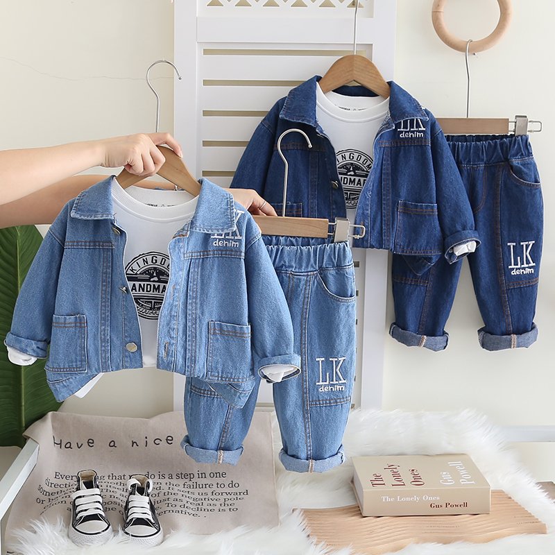 New Style fall Clothing Set for Toddler Boys 3-Piece Cotton Set with Long Sleeves Denim Jacket T Shirt Pants Kids' Fashion