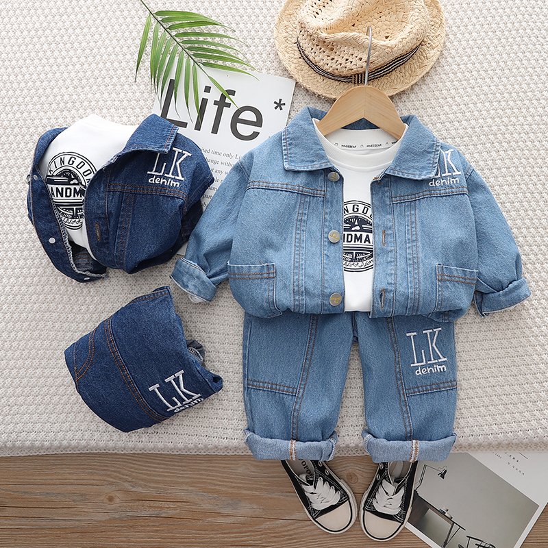 New Style fall Clothing Set for Toddler Boys 3-Piece Cotton Set with Long Sleeves Denim Jacket T Shirt Pants Kids' Fashion