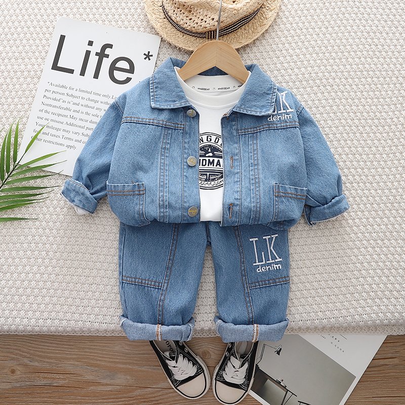 New Style fall Clothing Set for Toddler Boys 3-Piece Cotton Set with Long Sleeves Denim Jacket T Shirt Pants Kids' Fashion