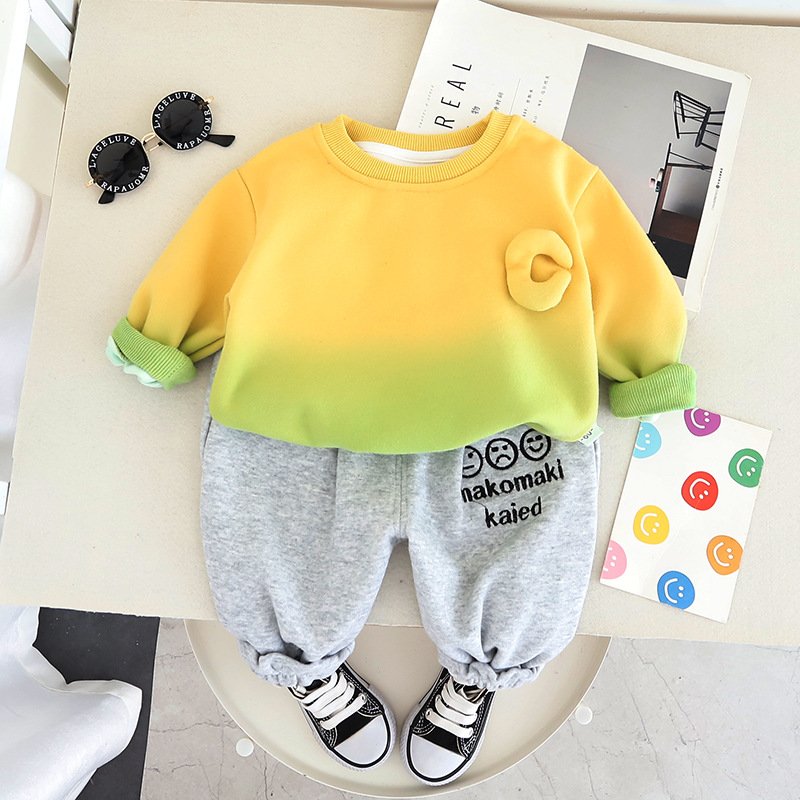 High quality color matching long sleeve cotton children fashion crew-neck shirt and cotton trousers two children's clothing set