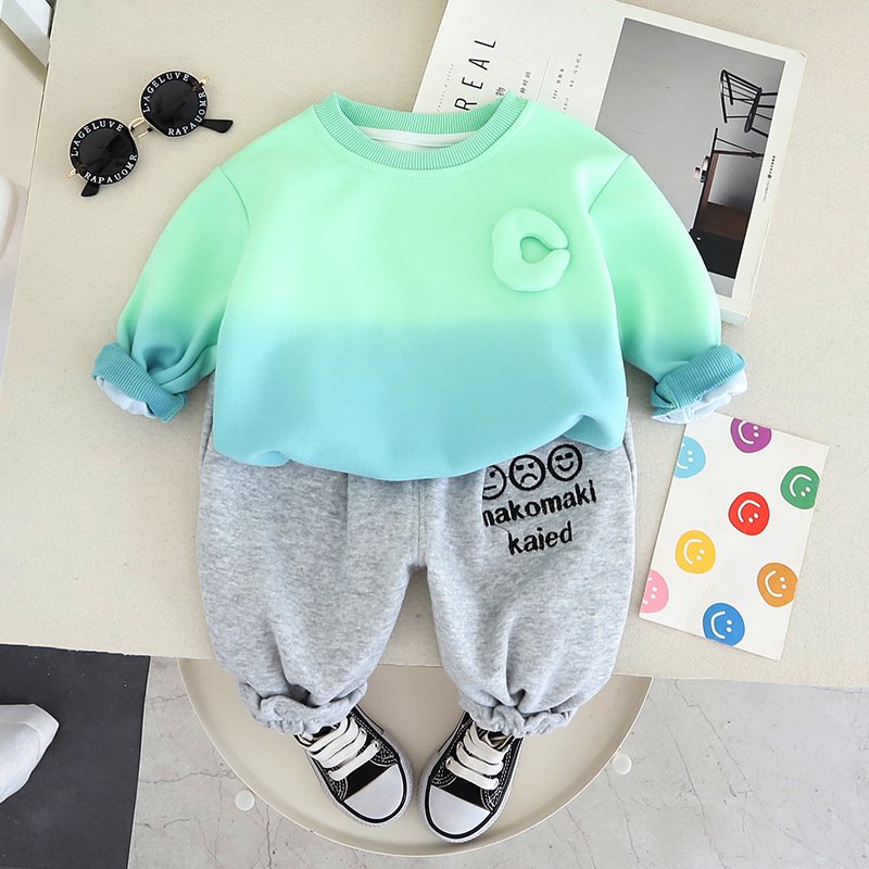 High quality color matching long sleeve cotton children fashion crew-neck shirt and cotton trousers two children's clothing set
