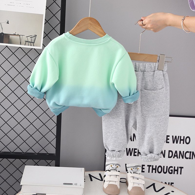 High quality color matching long sleeve cotton children fashion crew-neck shirt and cotton trousers two children's clothing set