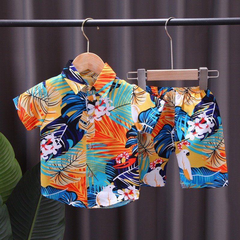 2024 Fashion Beach Style Summer Short Sleeve Shirt+Shorts 2pcs 2 piece short set Cotton Print Casual Boy Clothing Set