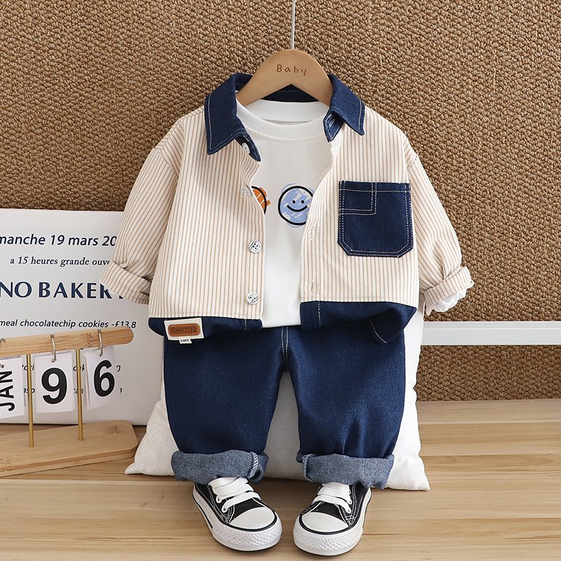 2024 Autum/Winter Boys' Cotton Three-Piece Set Casual Long Sleeve Top Suit Kids Spring autumn Striped Denim Three-Piece Suit
