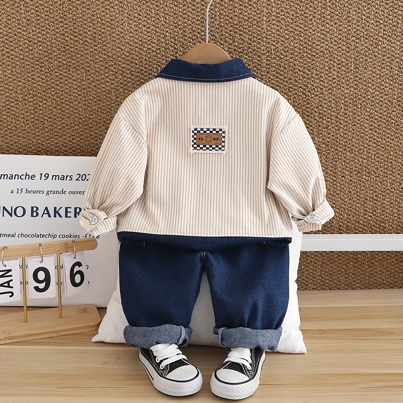2024 Autum/Winter Boys' Cotton Three-Piece Set Casual Long Sleeve Top Suit Kids Spring autumn Striped Denim Three-Piece Suit