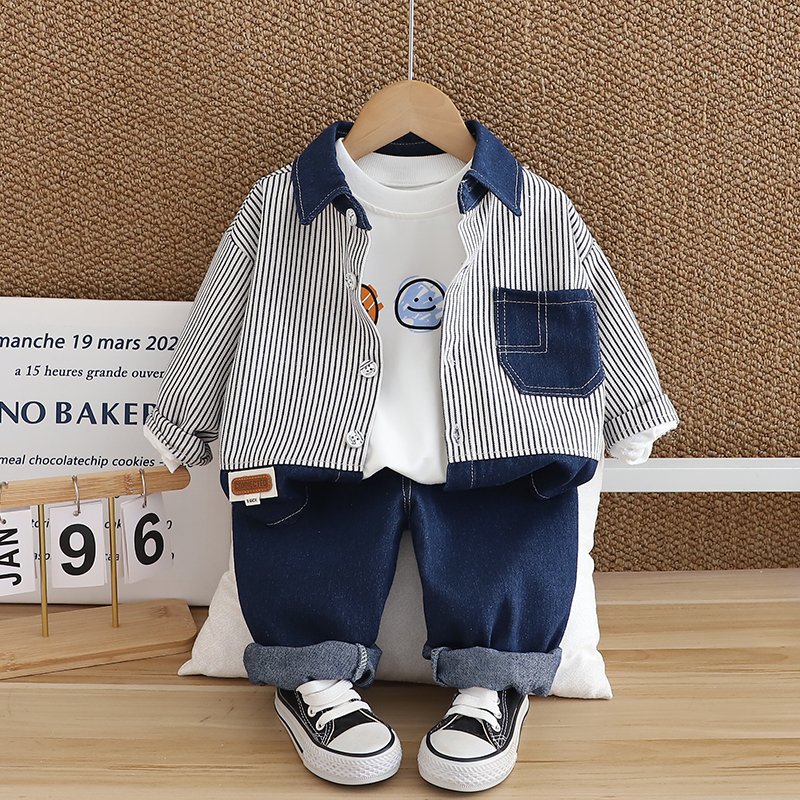 2024 Autum/Winter Boys' Cotton Three-Piece Set Casual Long Sleeve Top Suit Kids Spring autumn Striped Denim Three-Piece Suit