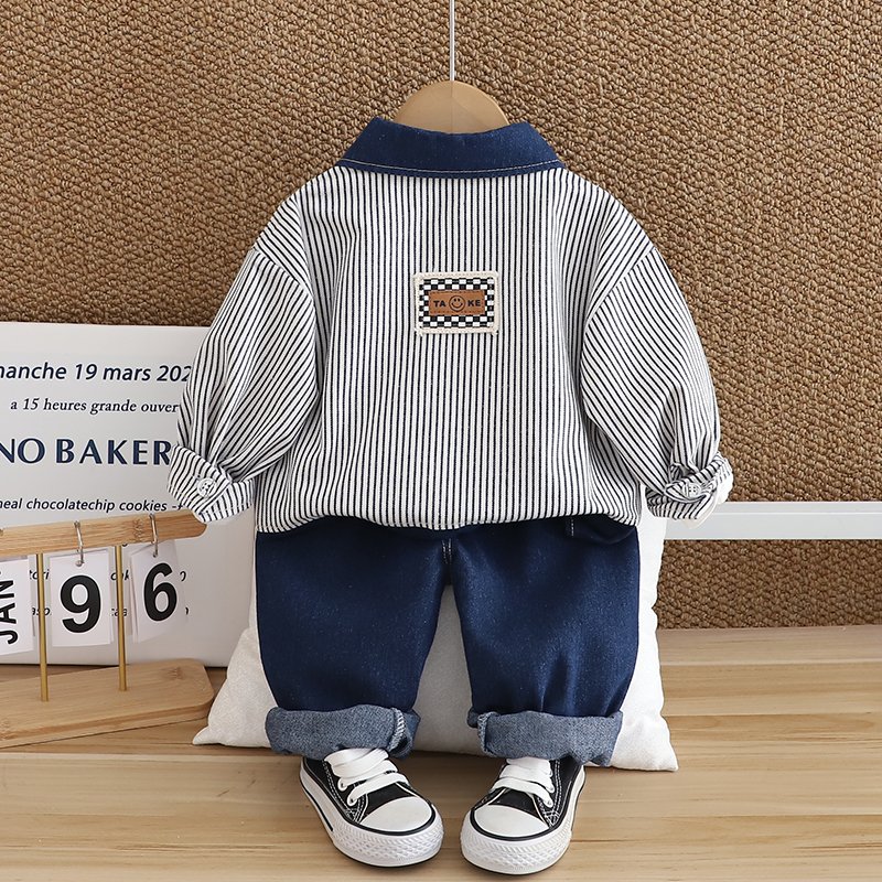 2024 Autum/Winter Boys' Cotton Three-Piece Set Casual Long Sleeve Top Suit Kids Spring autumn Striped Denim Three-Piece Suit